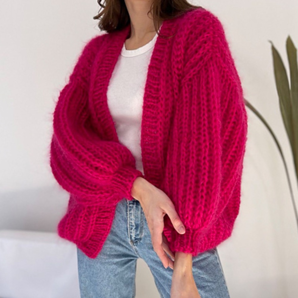 Fuchsia Open-Front Chunky Knit Cardigan Sweater